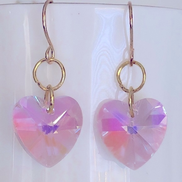 New Pastel Pink Sparkling Crystal AB Dangle Drop Heart Earrings Handmade Gifts - Picture 3 of 4